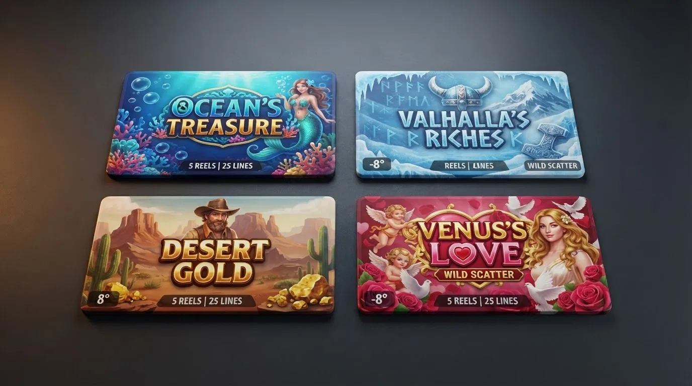 A grid of four pokie title cards showing Bubble Up, Viking Runecraft 1000, Nugget Ridge and Hearts of Venus artwork side by side