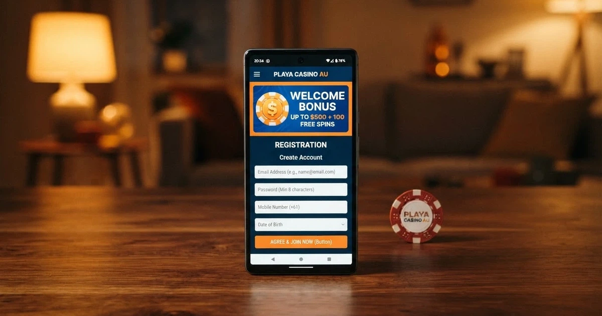 A smartphone screen showing an online casino registration form with a no-deposit bonus banner, an Australian $50 note lying beside the phone