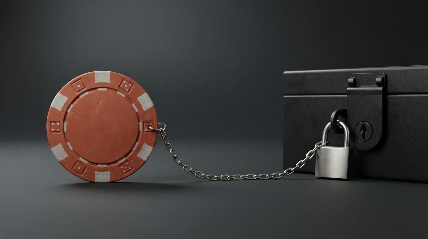 A casino chip labelled “Free A$10” chained to a larger locked box labelled “55× Wagering — Max Cashout A$100”