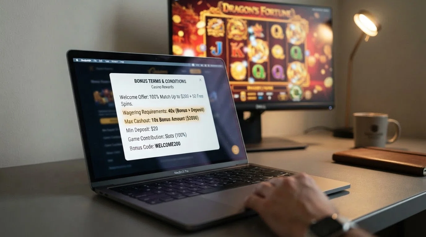 A close-up of a casino bonus terms pop-up overlaid on a pokie reel, with the wagering requirement and max cashout lines highlighted