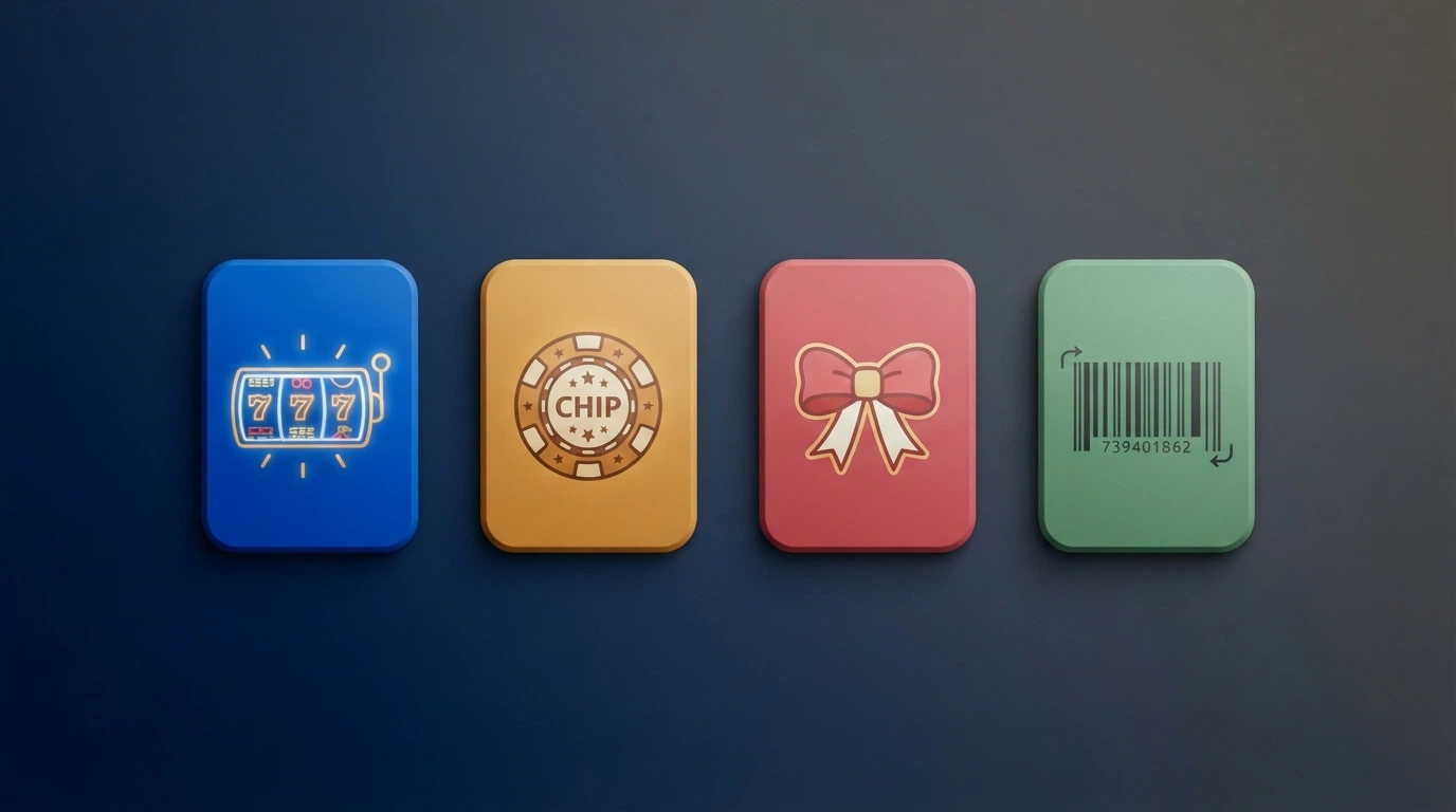 Four styled bonus badges arranged side by side — free spins, free chip, sign-up bonus and bonus code — each with a different colour and icon