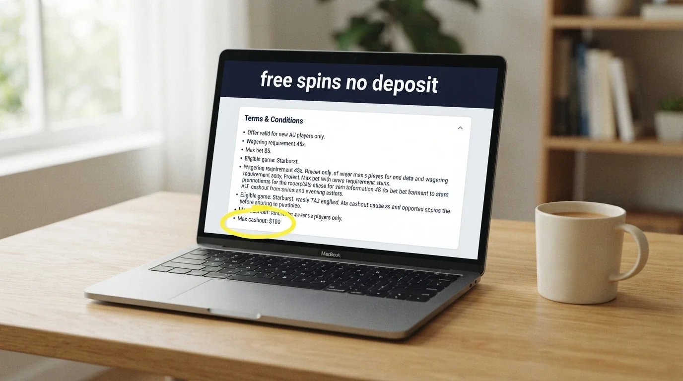 A close-up of a casino promotions page showing a “free spins no deposit” offer with the terms and conditions panel expanded beneath the headline, the max cashout figure circled.