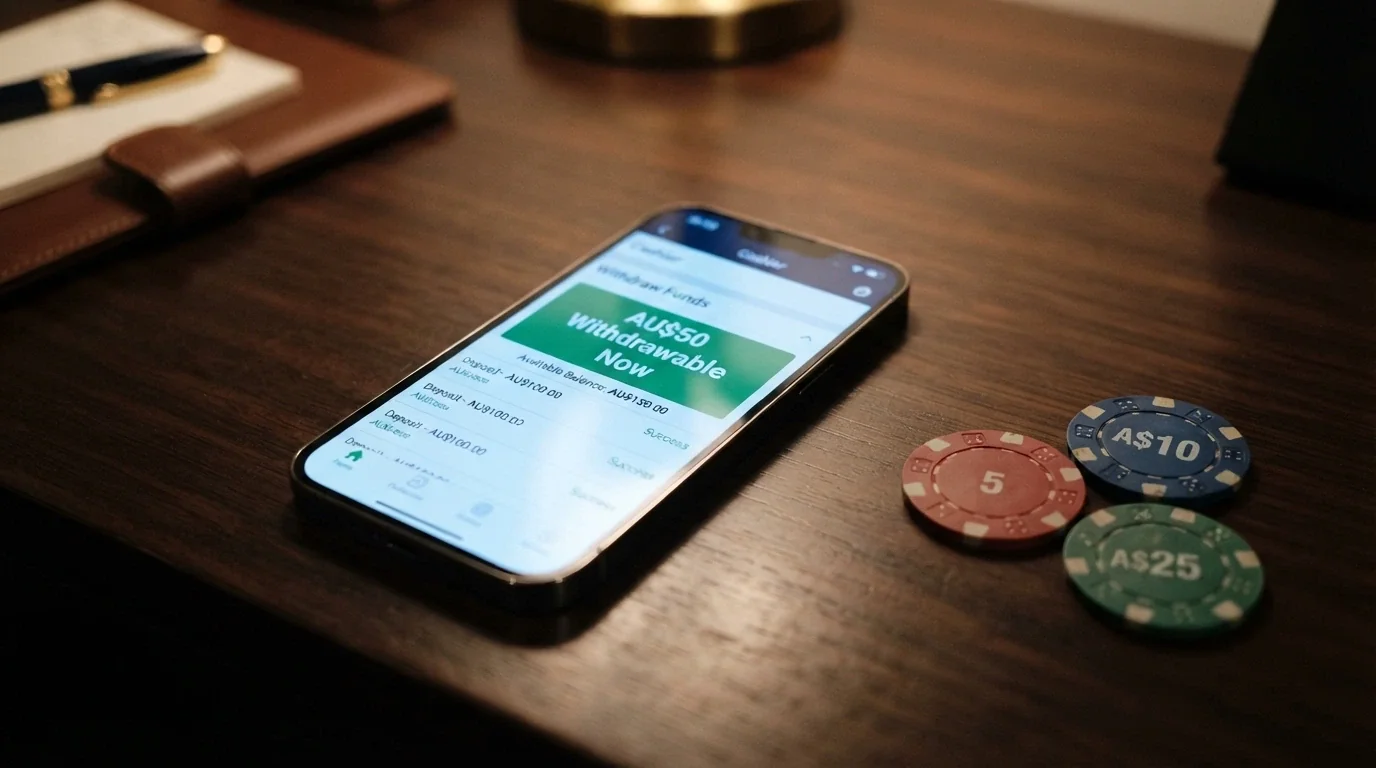 A smartphone screen showing a casino cashier page with “Winnings: AU$50 — Withdrawable Now — 0× Wagering” highlighted, with a stack of Australian polymer banknotes beside the phone
