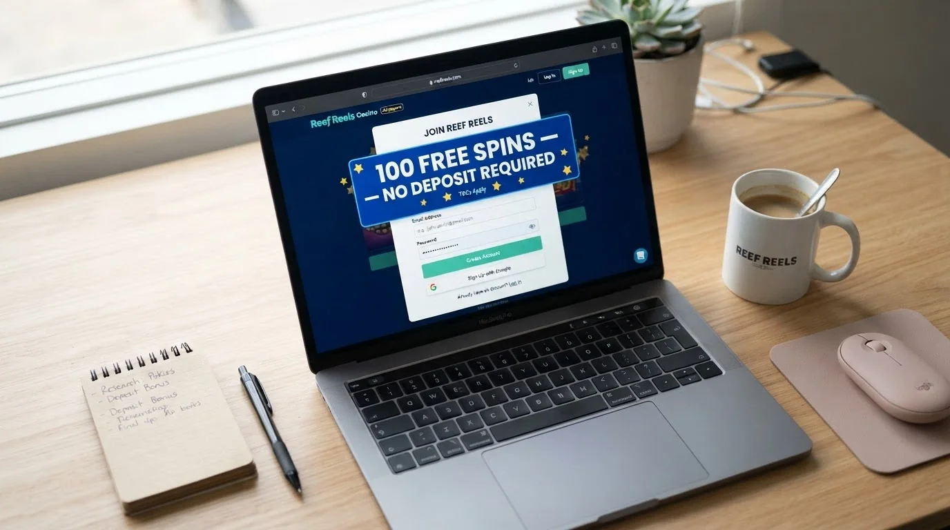 A laptop screen showing a casino sign-up form with a pop-up notification reading “100 Free Spins — No Deposit Required”