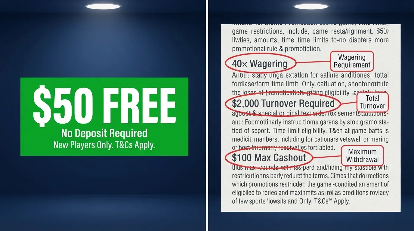 A split comparison — a bold “$50 FREE” promotional banner on the left, and a magnified terms-and-conditions box on the right highlighting “40x wagering” and “$100 max cashout”
