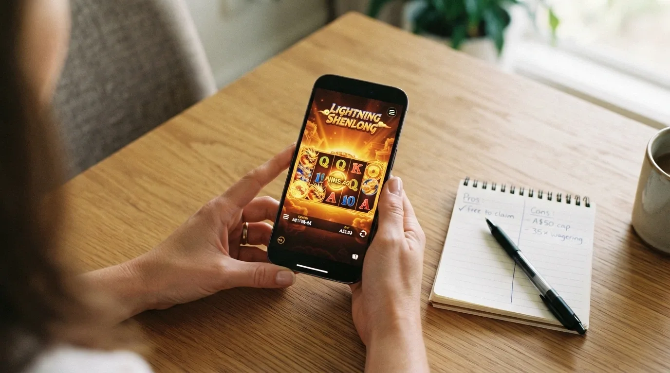 A set of hands holding a smartphone displaying a pokies game, with a notepad beside it showing a simple pros-and-cons list — “free to claim” under pros, “A$50 cashout cap” and “35× wagering” under cons