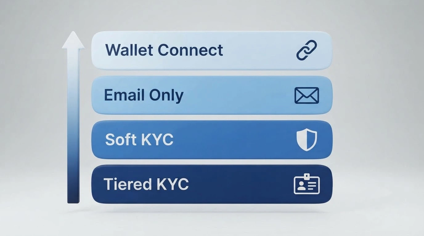 Four stacked cards showing the four KYC tiers — fully anonymous wallet-connect, email-only, soft KYC threshold, and tiered KYC — with increasing identity requirements from left to right