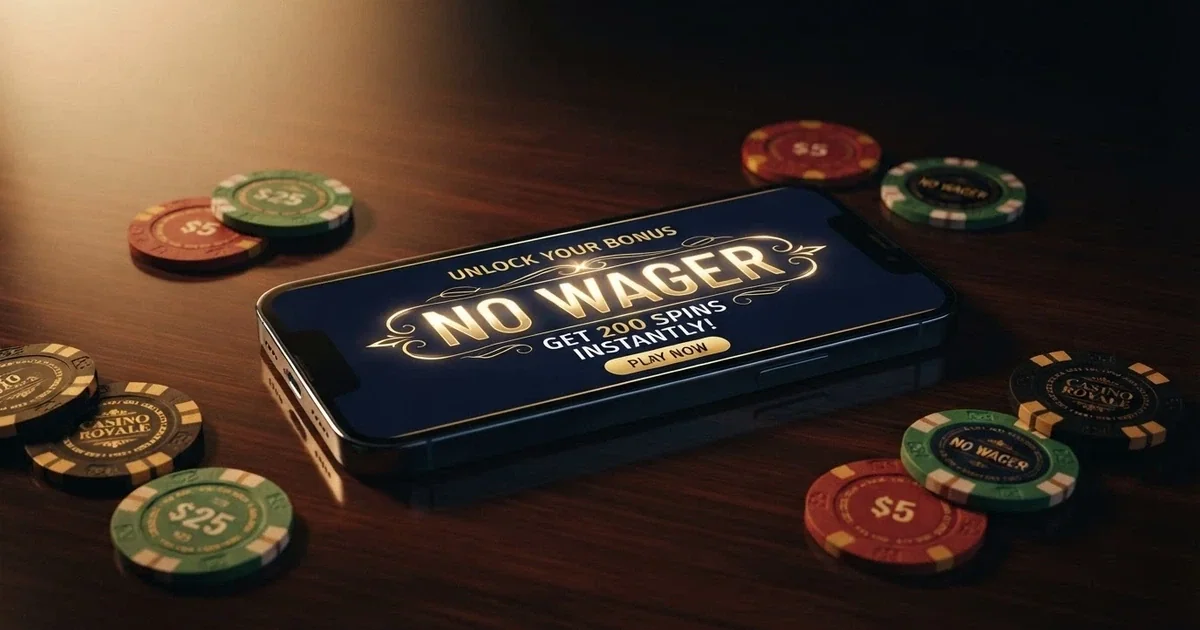 A smartphone screen showing an online casino bonus banner with the words “no wager” highlighted against a dark background, poker chips scattered on the surface beside the phone.