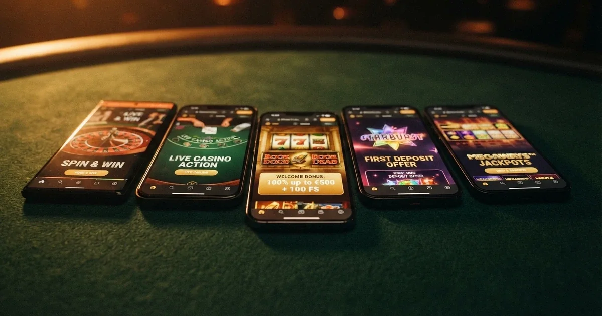 A row of smartphone screens each displaying a different online casino lobby with a welcome bonus banner, shot against a dark background with subtle green gaming-table felt texture