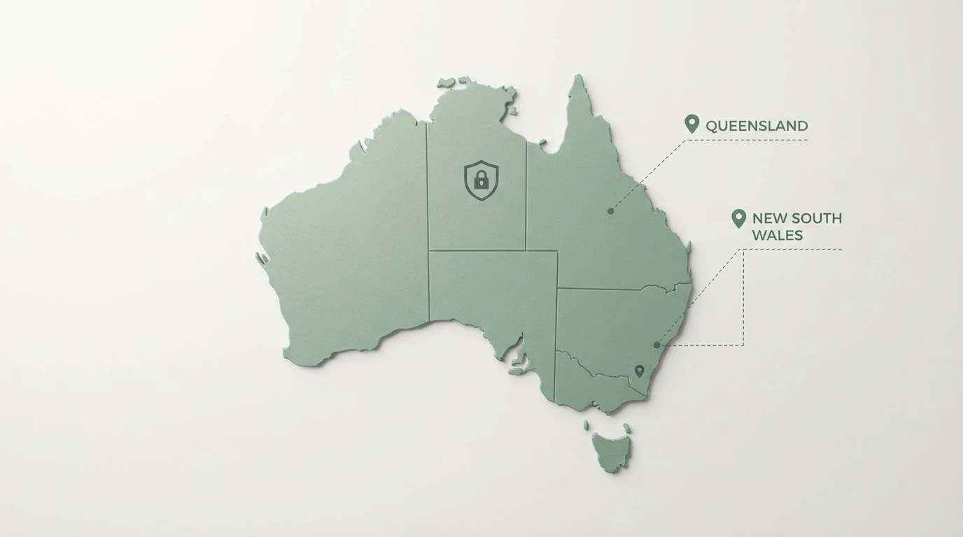 A simplified map of Australia with offshore licence-jurisdiction markers (Curaçao, Anjouan) placed outside the continent, connected by dashed lines, with the ACMA logo visible