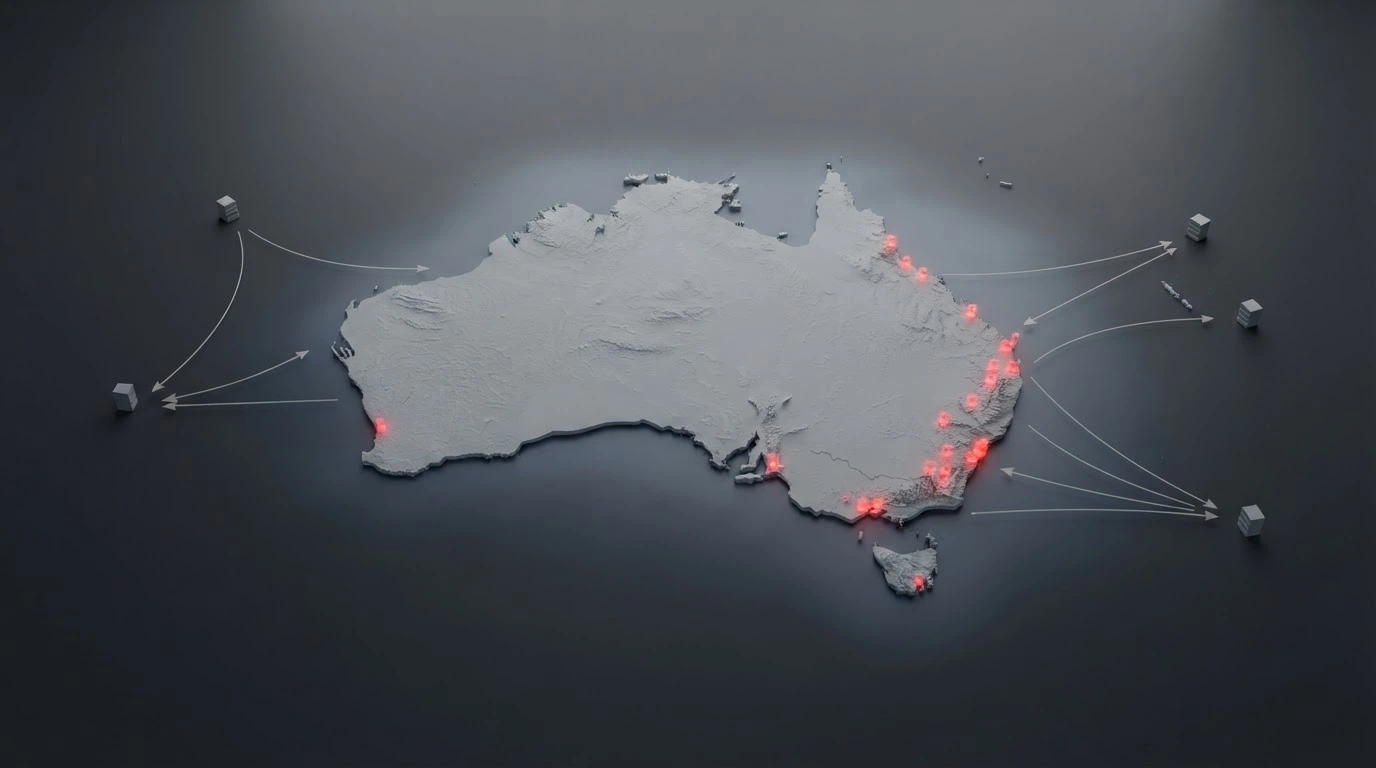 A simplified visual showing the Australian continent with markers indicating ACMA-blocked domains (red) and offshore casino servers located outside Australian jurisdiction (grey), with directional arrows showing the data flow