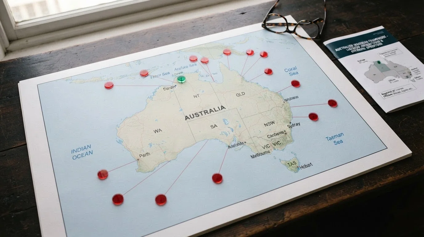 A desktop map of Australia with offshore jurisdiction markers radiating outward, contrasted with a single licensed-wagering marker in Darwin