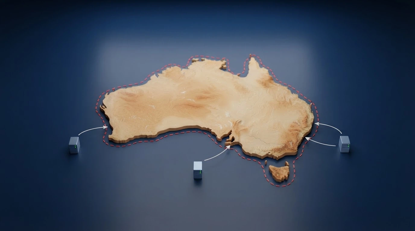 A map of Australia with a dashed red line offshore, showing casino servers located outside Australian jurisdiction with arrows pointing to them