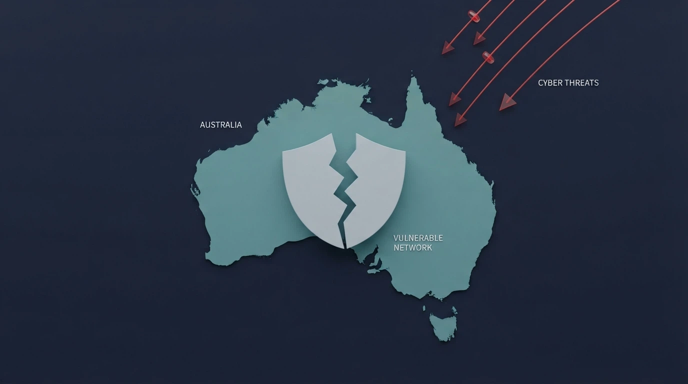 A map of Australia with arrows originating from offshore locations labelled Curaçao and pointing toward the continent, overlaid with a broken shield icon