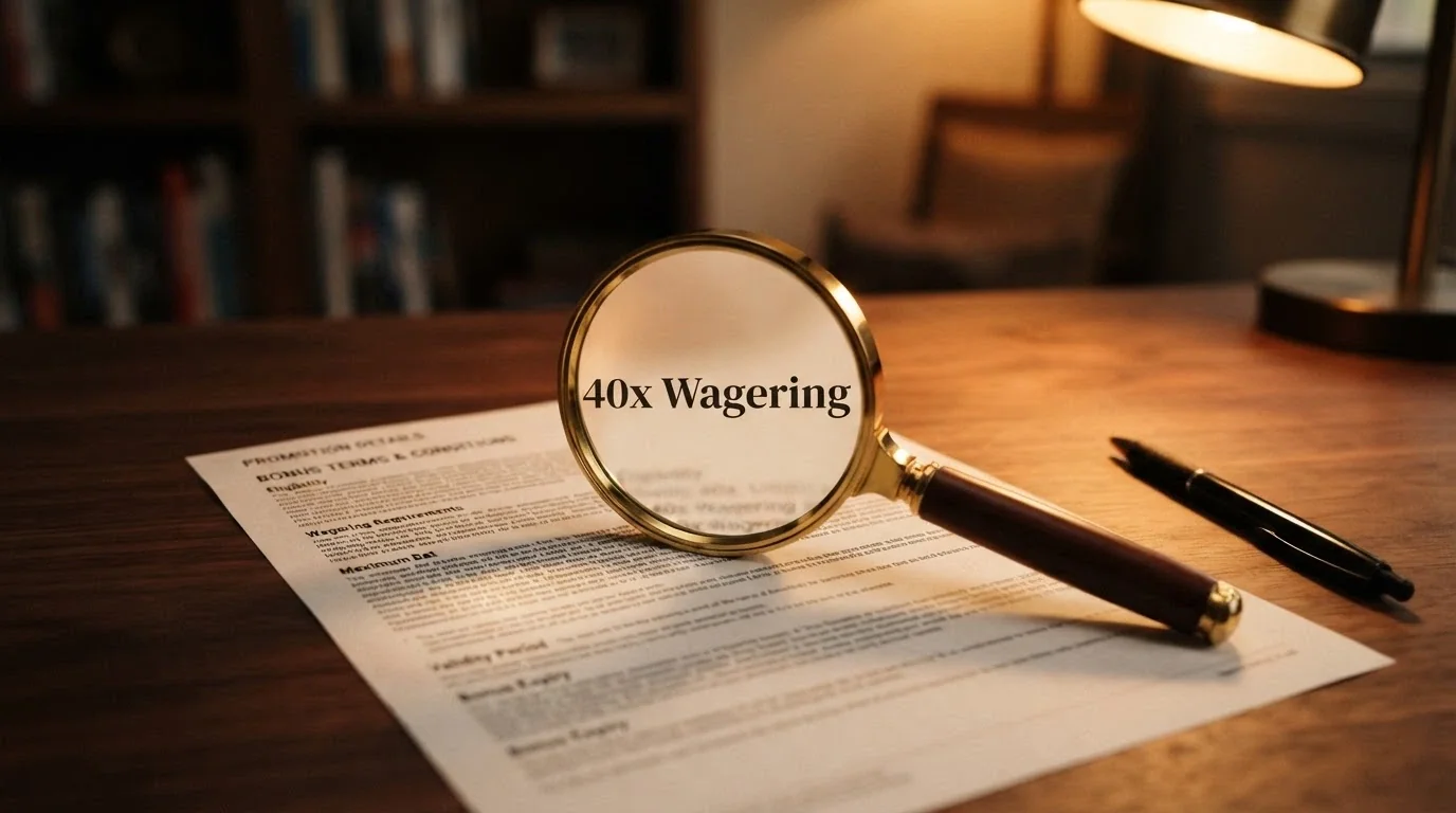 A magnifying glass held over bonus terms and conditions on a casino promotion page, highlighting the wagering multiple