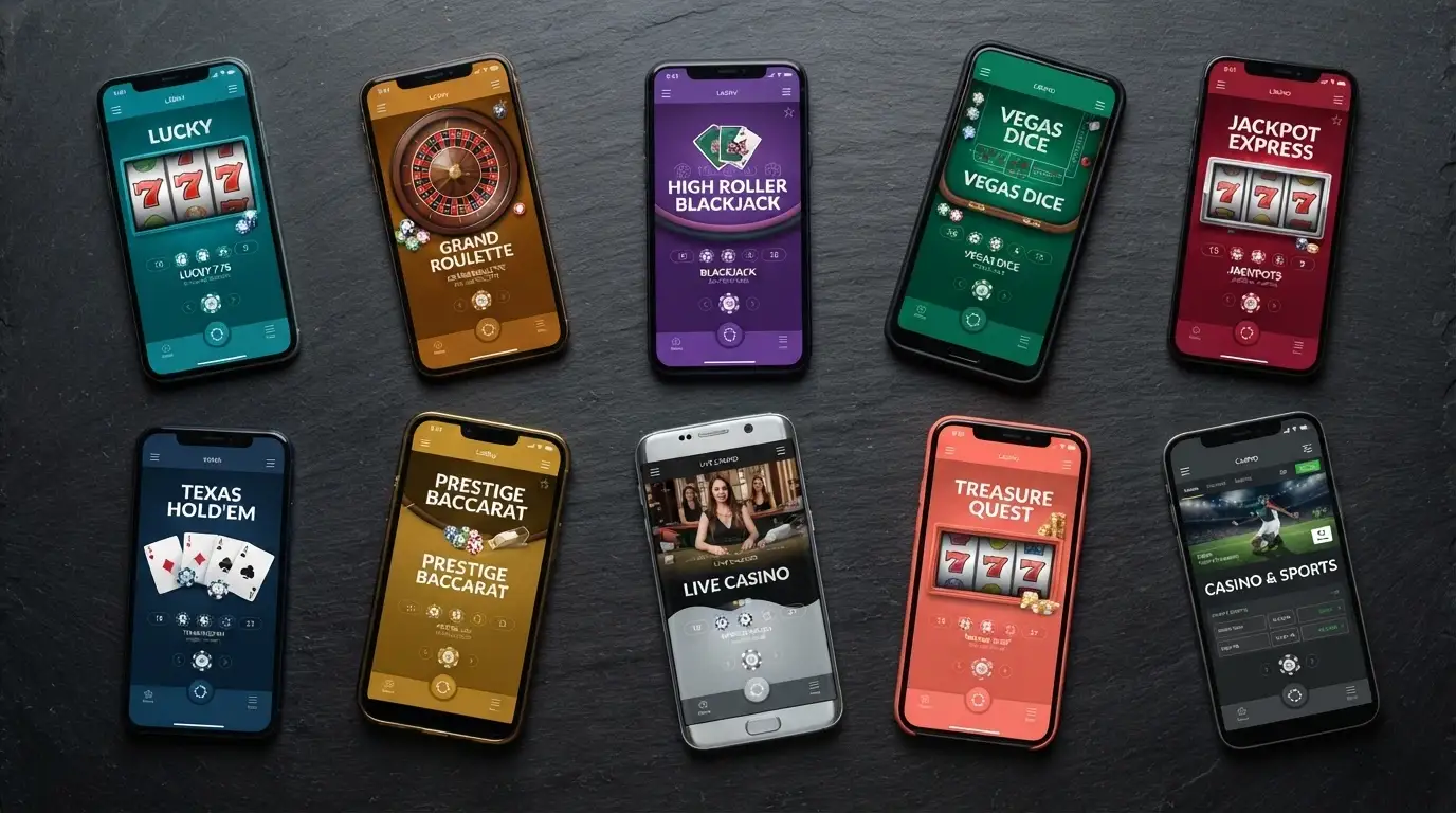 A grid of ten casino app home-screen icons arranged side by side, each with a different colour and logo style