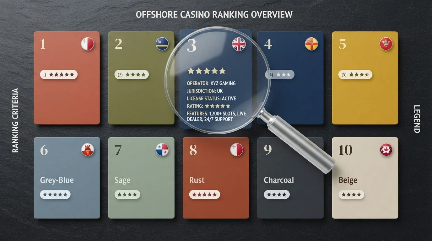 Ten casino-brand tiles arranged in a ranked grid, each carrying a small jurisdiction flag and a status badge reading “Offshore — No AU Licence”, with a magnifying glass hovering over one tile