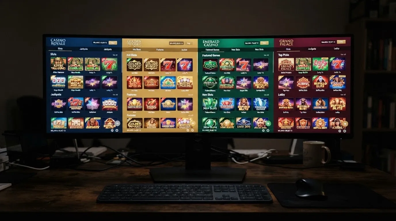 A desktop mockup showing casino lobby screens from multiple offshore operators side by side, with Australian dollar deposit options visible