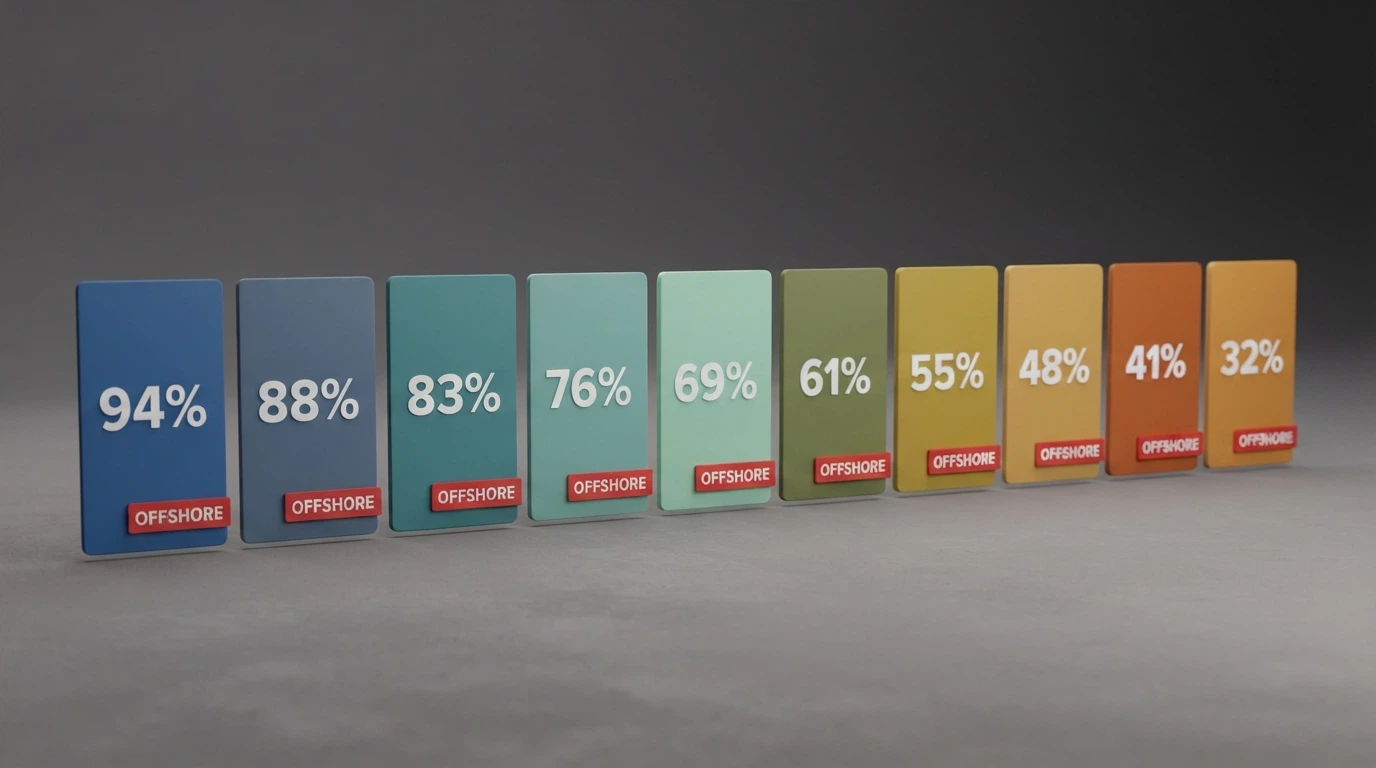 A horizontal comparison strip of operator logos or placeholder cards, each carrying a market-share percentage and an “Offshore — No AU Licence” tag