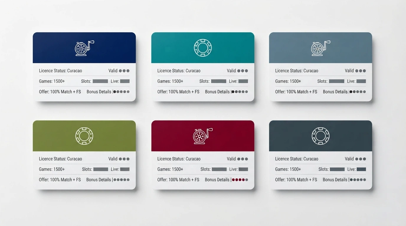 A visual grid of casino brand cards with key figures — licence status, game count and no-deposit offer type — arranged for side-by-side comparison