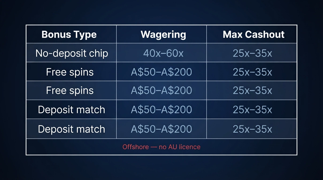 A comparison table listing Australian-facing online casinos with columns for bonus type, wagering requirement and maximum cashout