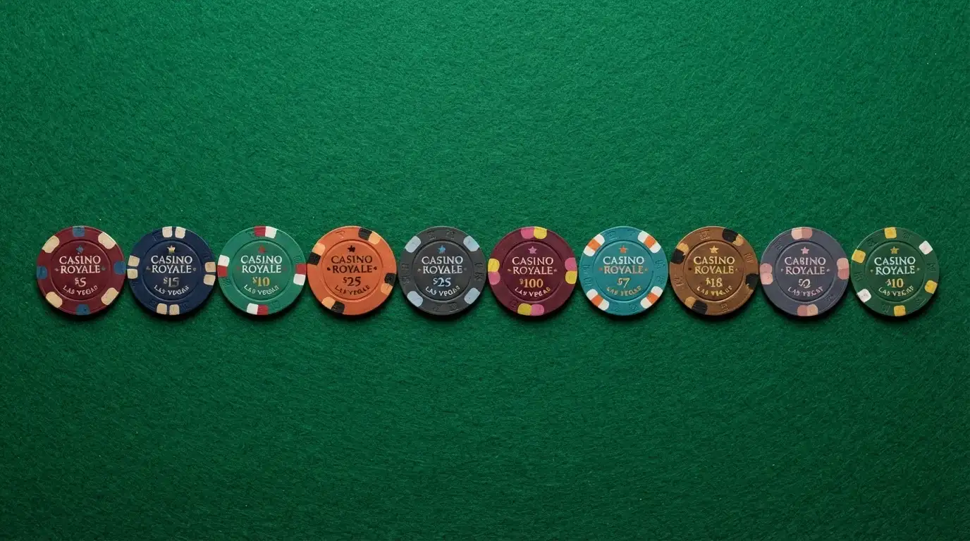 A row of ten casino-branded chips arranged on green felt, each one slightly different in colour and design, photographed from above