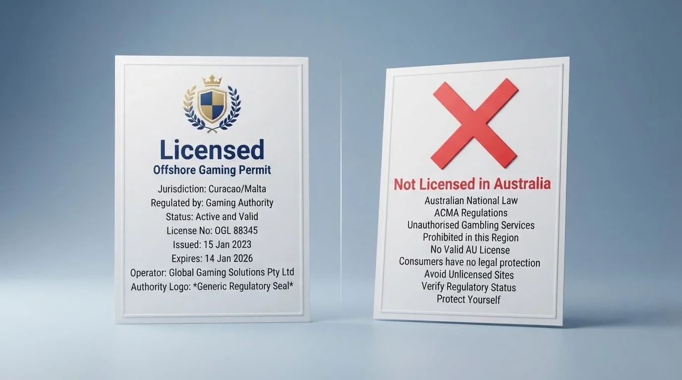 A side-by-side comparison visual showing the Curacao licence logo next to a crossed-out Australian state licence symbol, with the ten featured operator names listed beneath