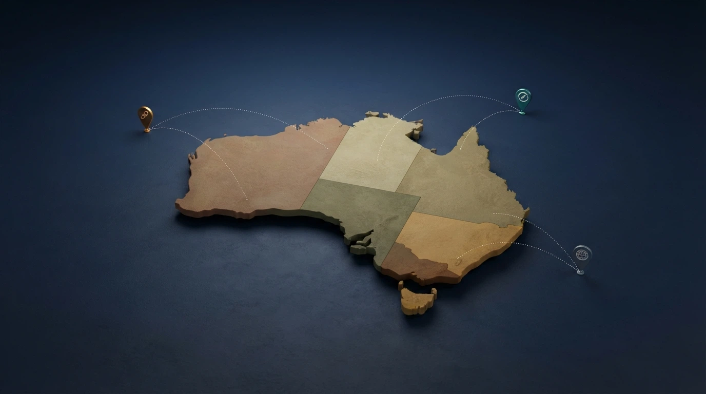 A map of Australia with dotted lines connecting to offshore licence markers (Curacao, Tobique, Kahnawake), overlaid with casino-brand silhouettes
