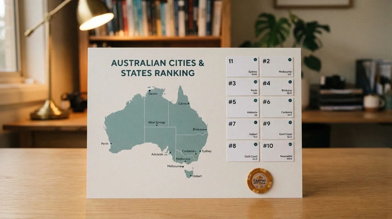 A ranked list of casino brand cards with an Australian map silhouette in the background, no operator logos visible