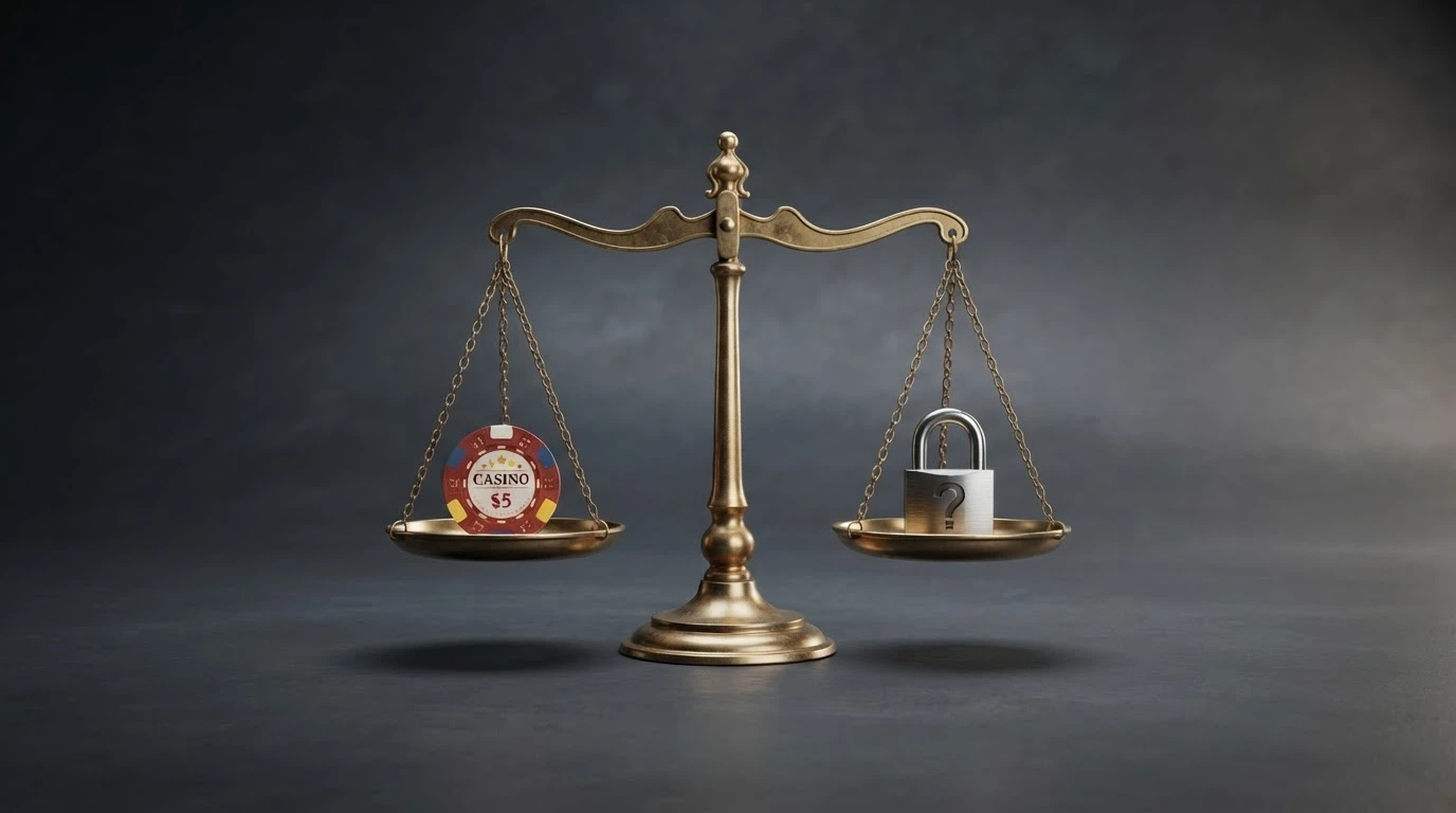 A set of scales balancing a casino chip on one side against a padlock and a question mark on the other