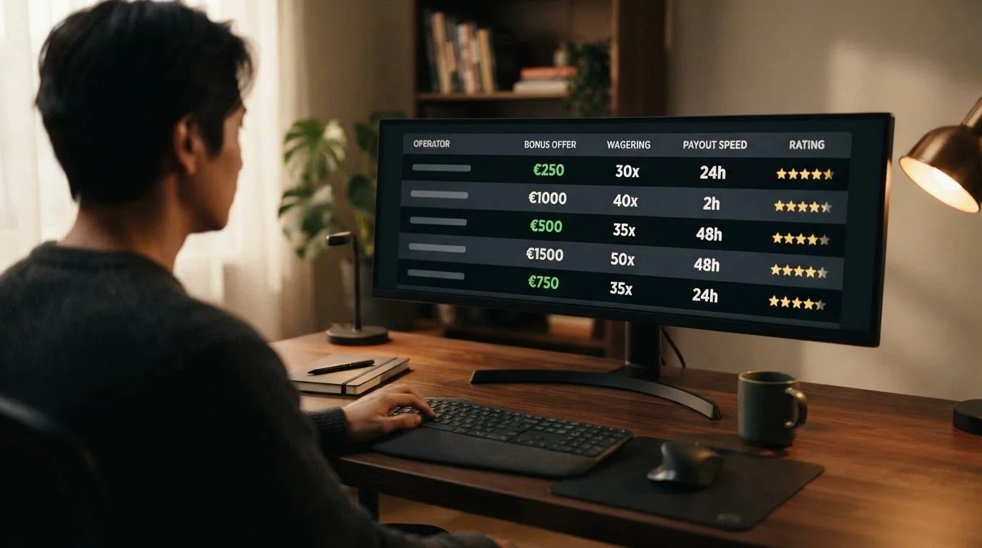 A comparison table excerpt showing casino names, bonus amounts and wagering figures against a dark-themed crypto casino interface background