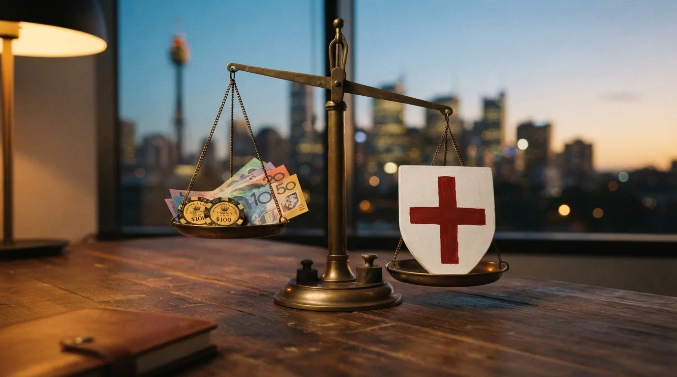 A balanced-scale illustration with bonus chips and high withdrawal caps on one side, and a consumer-protection shield with a red cross on the other, against an Australian-context background