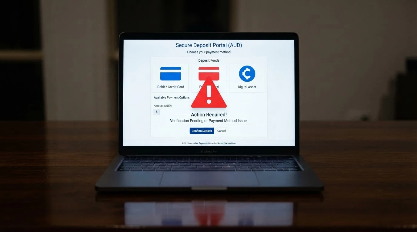 A laptop screen showing an online casino deposit page with Visa, Mastercard and Bitcoin icons prominently displayed, overlaid with a red warning triangle