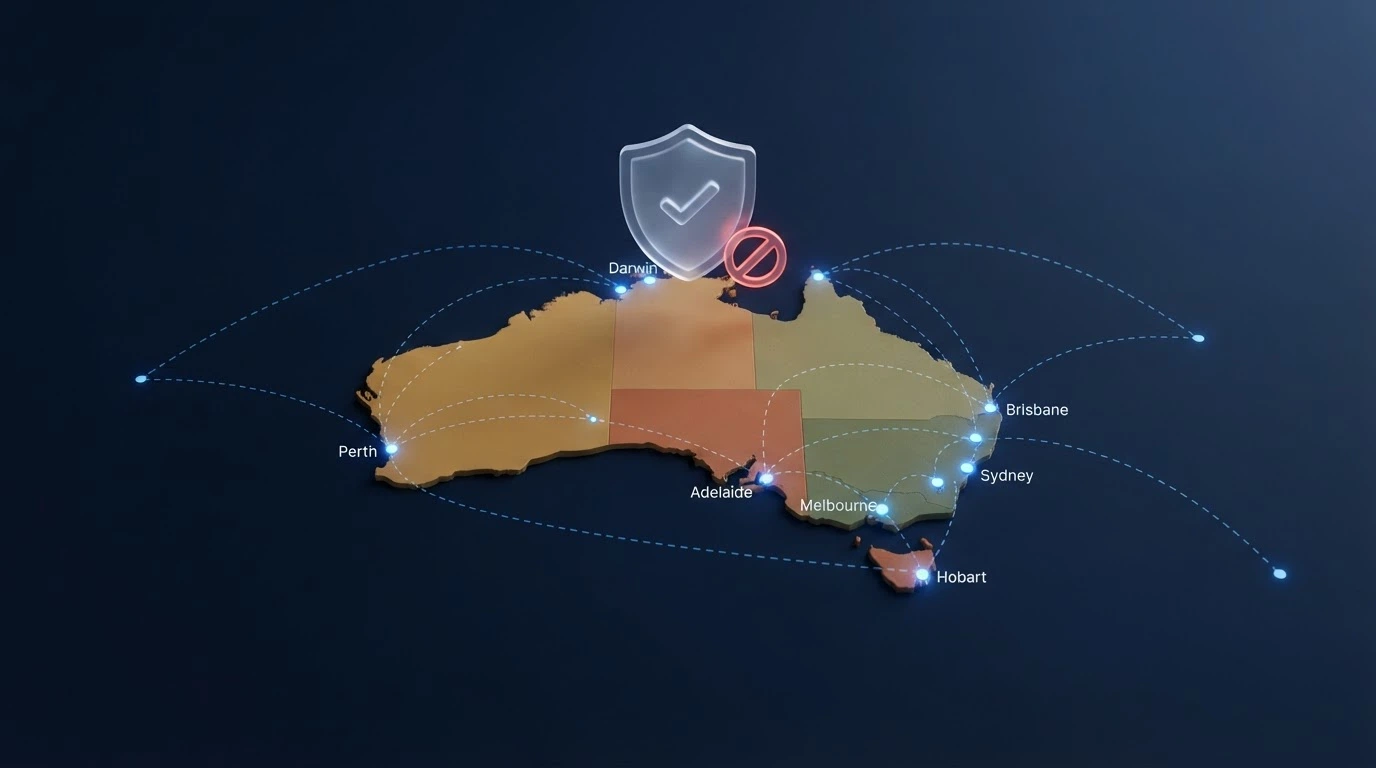 A stylised map showing Australia with arrows pointing to offshore server locations, overlaid with the ACMA logo and a blocked-site icon