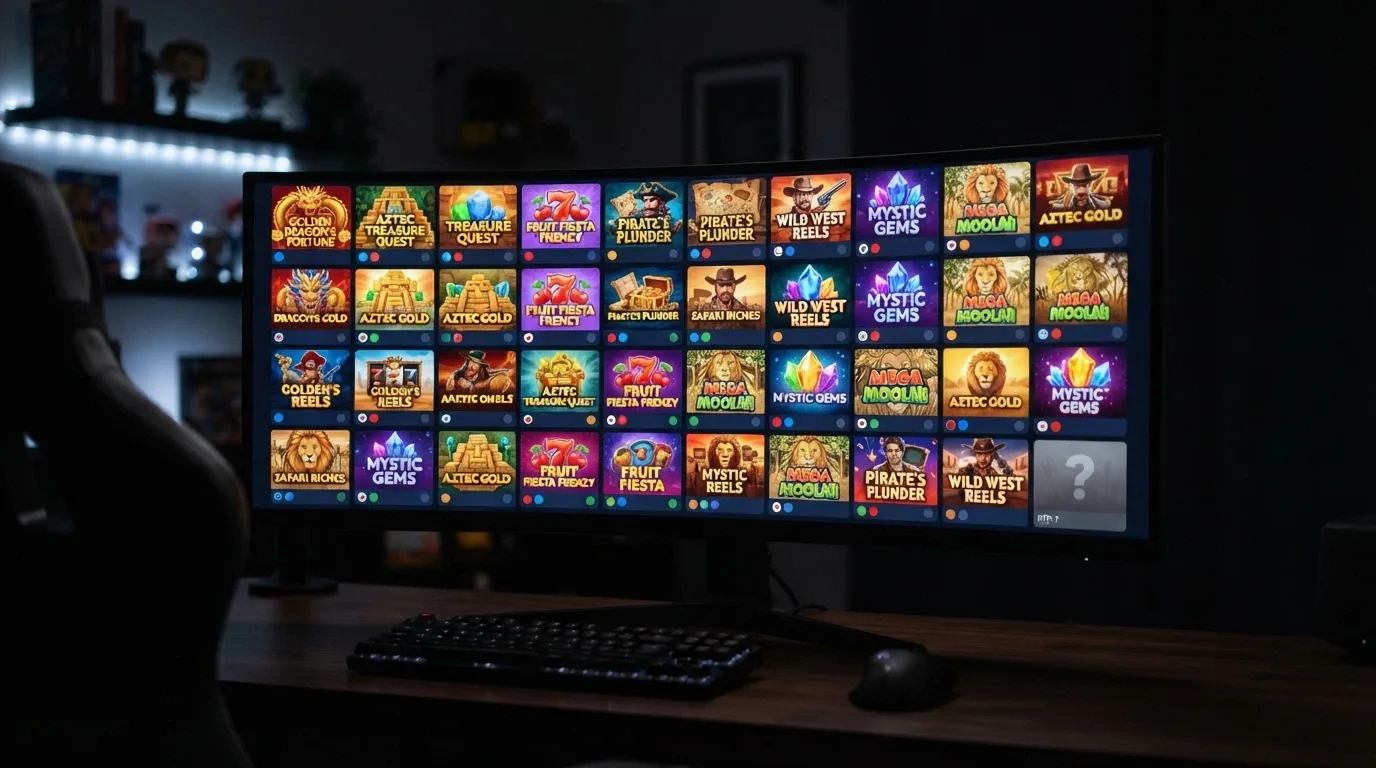 A colourful grid of online-pokies thumbnails with familiar provider logos (stylised, not real trademarks) beneath each tile, fading into a question-mark tile where the RTP label would sit