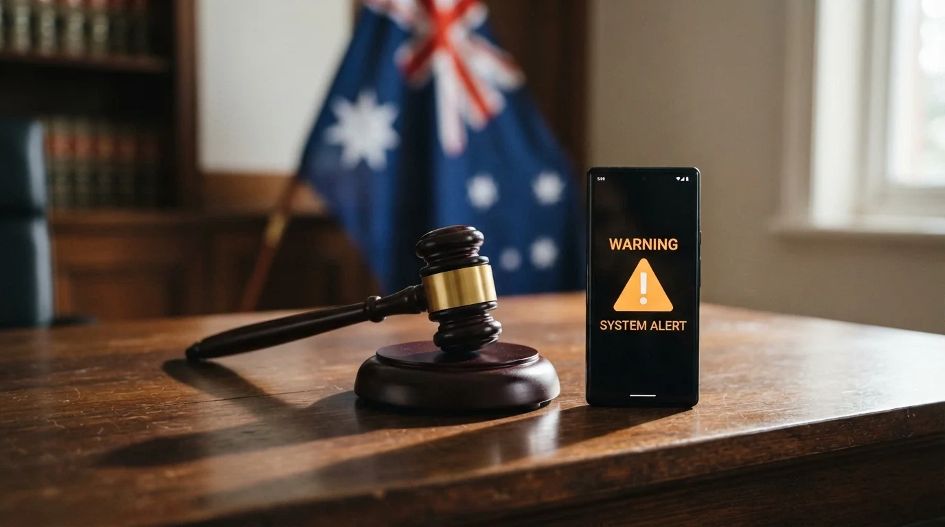A gavel on a desk beside a smartphone showing a warning symbol, the Australian flag visible in the background