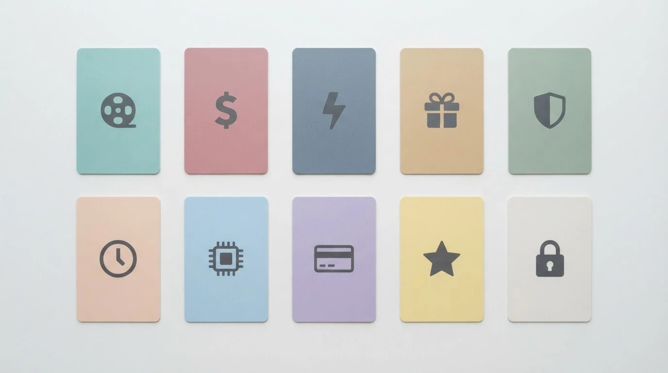 A stylised row of ten casino-brand placeholder cards arranged in a comparison-grid layout, no real logos visible