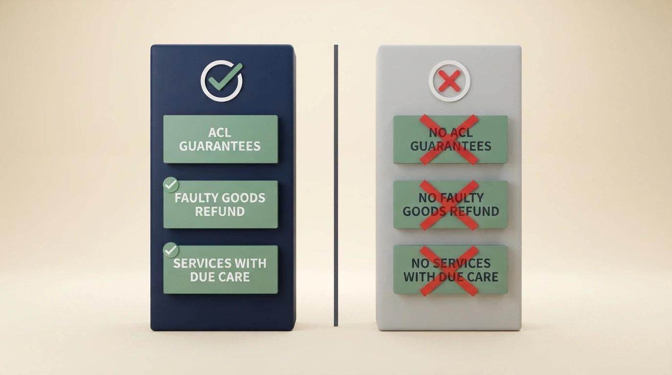 A visual table comparing two columns: protections under Australian-licensed wagering (BetStop, ACMA complaints, statutory recourse) vs protections at an offshore casino (none of the above), with red crosses filling the offshore column