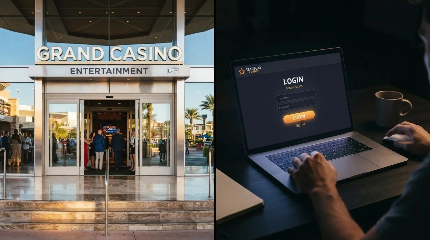 A split-frame visual contrasting a regulated Australian venue entrance with an anonymous offshore casino login screen on a laptop