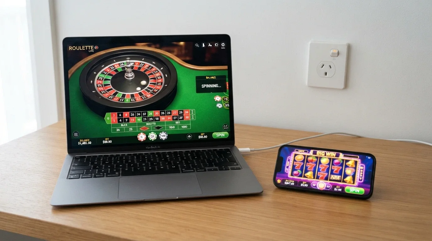 A laptop and smartphone side by side on a desk, each displaying a different online casino or wagering interface, with an Australian power socket visible in the frame