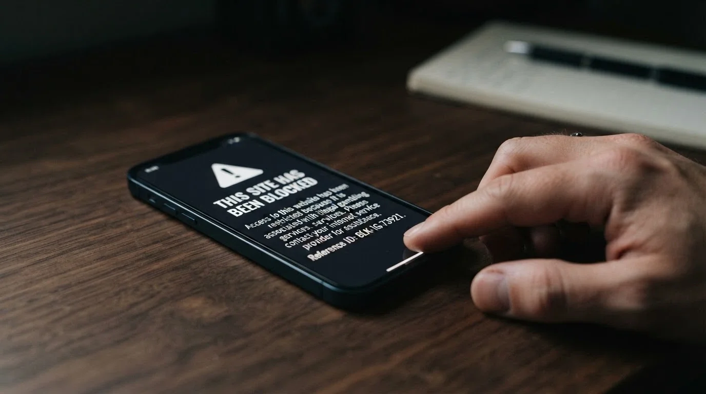 A smartphone screen displaying an ACMA blocking notice for an illegal gambling website, with an Australian internet-provider warning visible