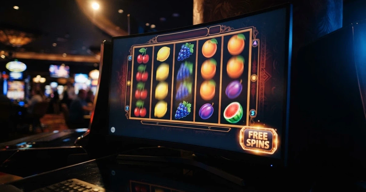 A row of colourful online pokie reels with a “Free Spins” badge overlaid on a dark casino-themed background