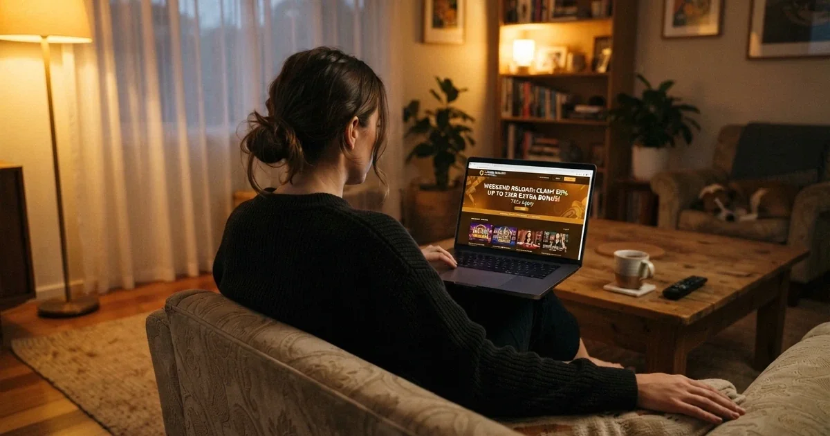 A player looking at a casino promotions page on a laptop screen, with a reload bonus banner visible, set in a relaxed Australian living room
