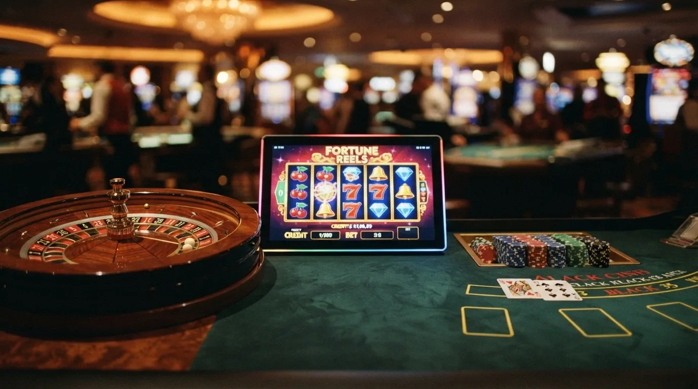A collage of online pokies reels, a roulette wheel and a blackjack table from different software providers
