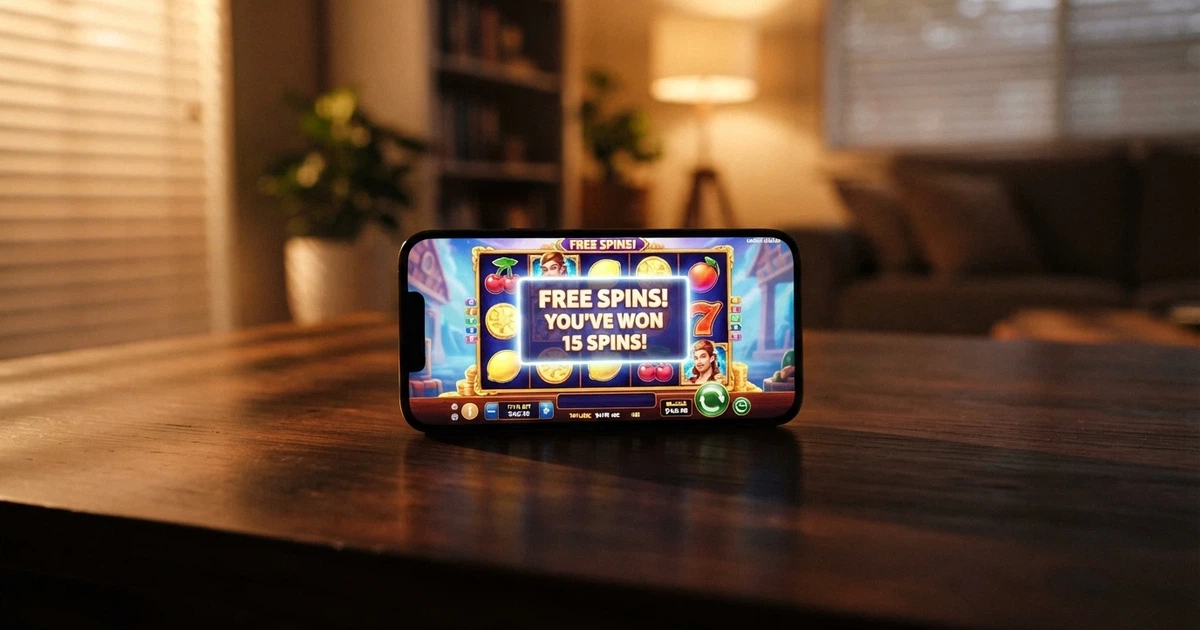 A smartphone screen showing an online pokies game with a no-deposit bonus pop-up overlaid, the reels visible behind the offer banner