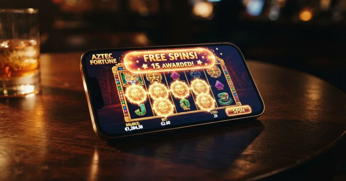 A row of brightly lit online pokies reels on a screen, one showing scatter symbols landing across the reels with a “Free Spins” banner illuminated