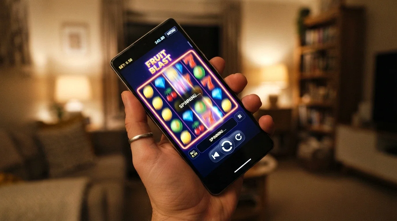 Online pokie reels mid-spin on a smartphone with the bet amount set to minimum