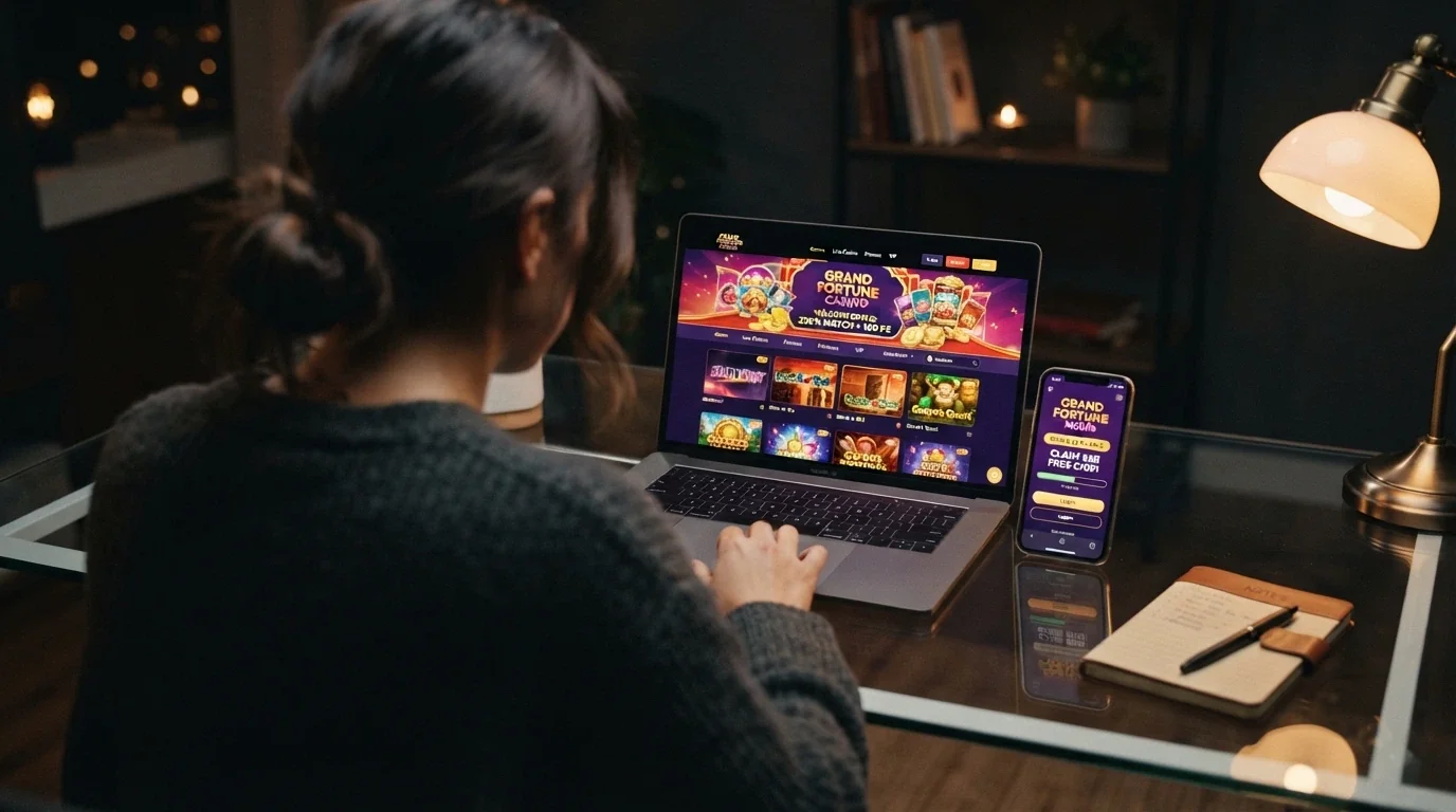 A split-screen comparison of multiple casino homepages displayed on a laptop and smartphone, with highlighted bonus banners, licence badges and KYC policy notes