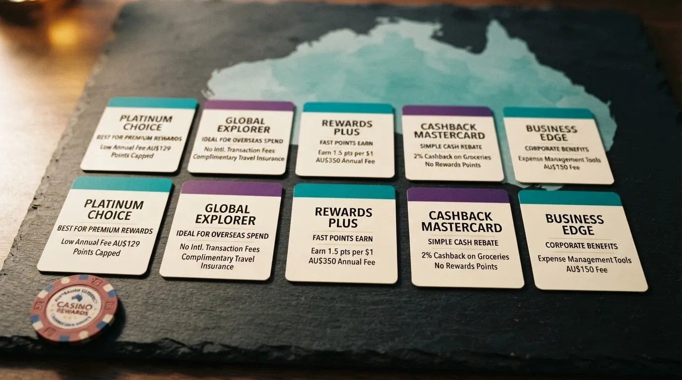 A stylised arrangement of casino brand cards in a comparison grid with Solana-gradient accents and an Australian map outline in the background