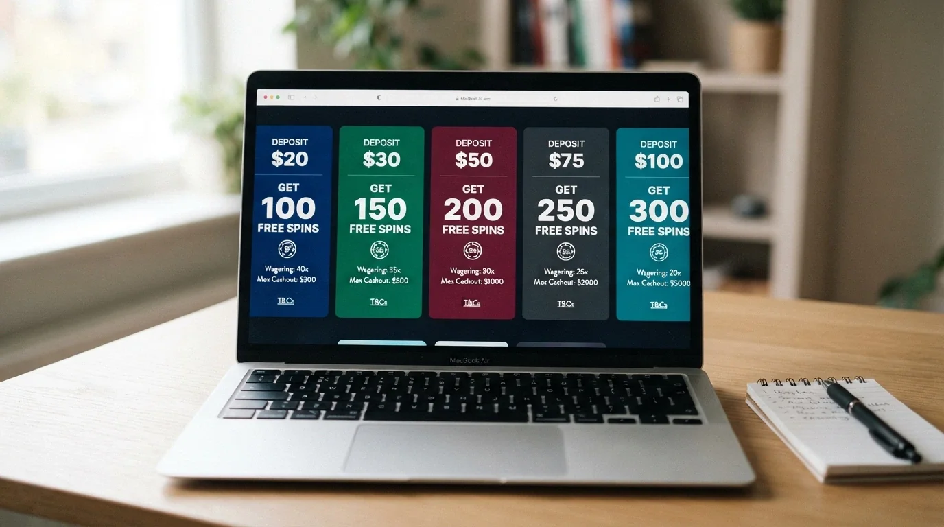 A side-by-side view of casino offer cards showing different free-spin counts, wagering figures and cashout caps